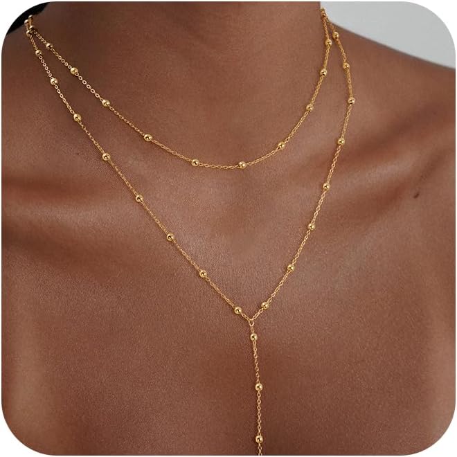 Treasure Bender Lariat Gold Necklace for Women Dainty Long 14K Gold Plated Y-Shaped Body Chain Choker Necklace Trendy Non Tarnish Pendant Simple Layered Necklaces Gold Jewelry for Women Set Gift - Image 1